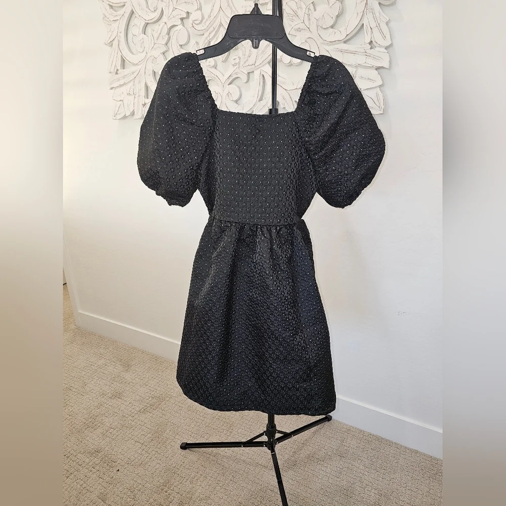 NWT Copper Key Girls Blk Textured w/Gold Accent & Puff Sleeve Formal Dress LG